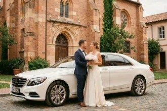 Couple de mariés devant une église en briques de Toulouse montant dans une voiture de luxe blanche réservée pour leur mariage