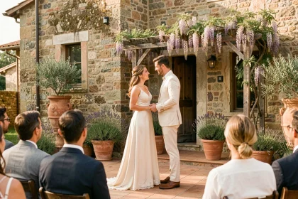 Couple échangeant des vœux dans une cour de villa toscane lors d'un mariage intime en petit comité
