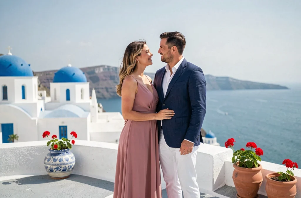 Jeunes mariés sur une terrasse blanchie à la chaux avec vue sur la mer Égée à Santorin pour un mariage en petit comité