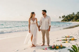 Couple se mariant pieds nus sur une plage tropicale exotique au coucher du soleil, robe blanche en mousseline et costume en lin beige