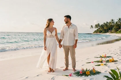 Couple se mariant pieds nus sur une plage tropicale exotique au coucher du soleil, robe blanche en mousseline et costume en lin beige