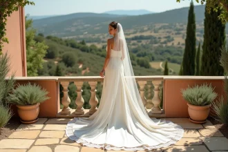Mariée en robe de soie ivoire sur une terrasse en pierre avec vue sur les champs de lavande et les collines du Var lors d'un mariage de luxe