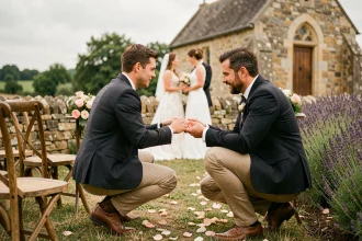 Photographe de mariage professionnel en action lors d'une cérémonie en plein air dans la campagne française
