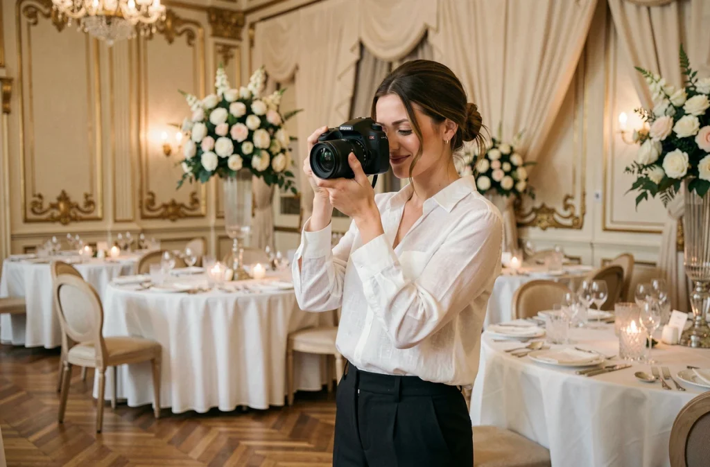 Photographe de mariage féminine consultant ses photos dans une salle de réception parisienne élégante