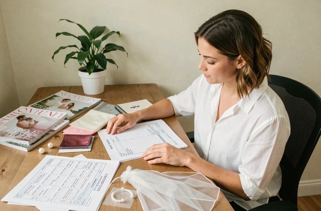 Femme organisant le budget de sa tenue de mariage avec des swatches de tissu, liste de prix et accessoires de mariée sur un bureau en bois
