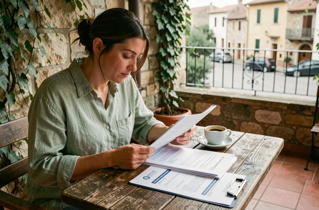 Femme préparant les documents administratifs pour un mariage civil à l'étranger dans un café méditerranéen