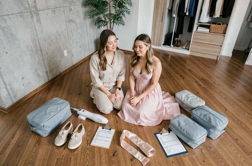 Deux amies préparant ensemble les essentiels de voyage pour un mariage, entourées d'accessoires de valise sur le sol