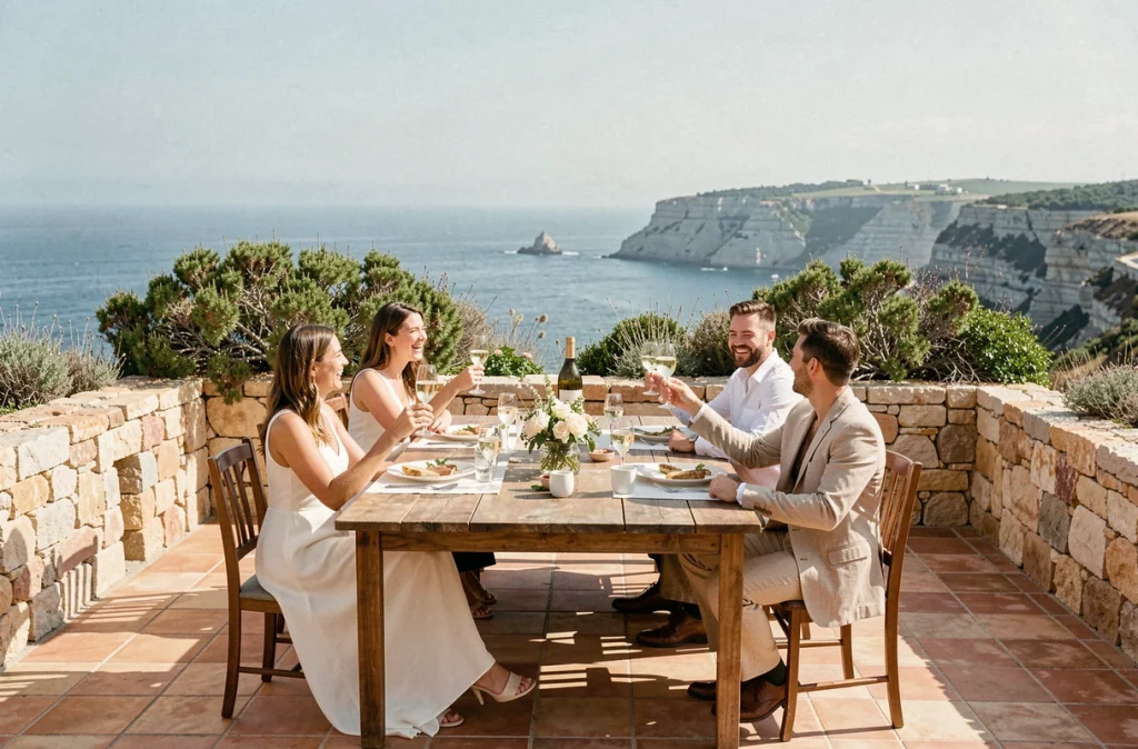 Repas de mariage intime en plein air sur une terrasse de falaise en Algarve au Portugal avec petits invités
