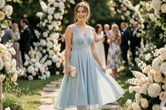 Femme en robe bleu pastel lors d'un mariage en extérieur dans un jardin fleuri