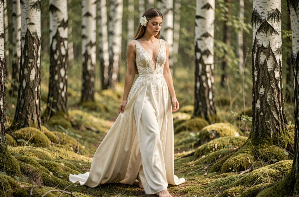 Robe de mariage bohème princesse en satin et appliqués perlés portée dans une forêt de bouleaux