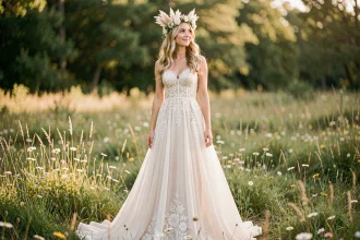 Mariée en robe bohème princesse avec dentelle et couronne florale dans une prairie de fleurs sauvages
