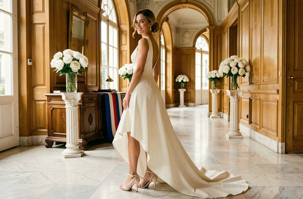 Femme portant une robe de mariée asymétrique courte devant et longue derrière dans le couloir intérieur d'une mairie