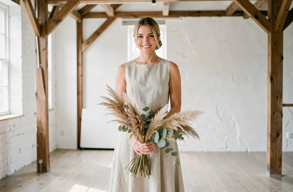 Mariée en robe bohème minimaliste en lin dans un loft blanc aux poutres apparentes, tenant un bouquet de pampa séché, ambiance épurée et naturelle