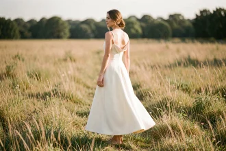 Robe de mariée bohème minimaliste en crêpe ivoire portée par une femme debout pieds nus dans une prairie dorée, style épuré et raffiné