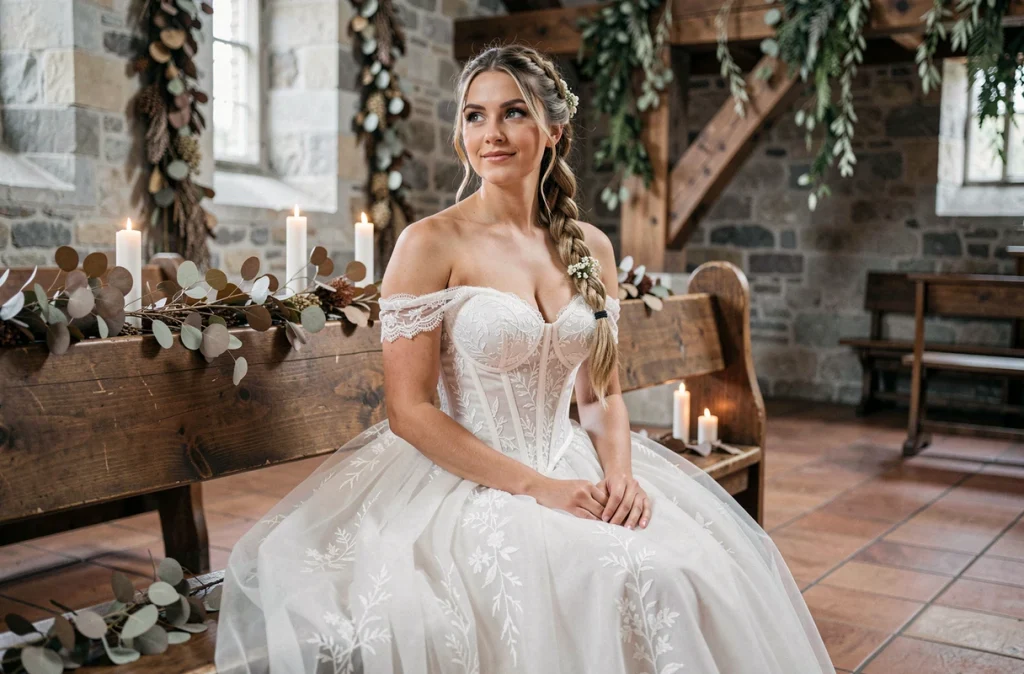 Robe de mariée bohème princesse en dentelle et tulle dans une chapelle en pierre rustique décorée d'eucalyptus
