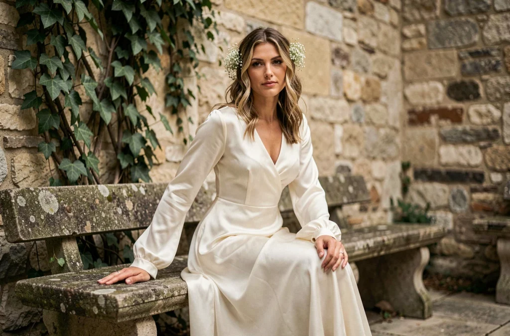 Femme en robe de mariée bohème minimaliste en soie, assise sur un banc en pierre dans une cour de mas provençal, look naturel et élégant