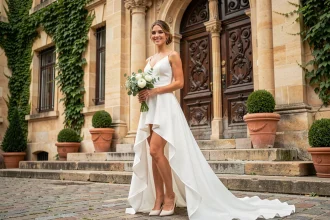 Mariée en robe courte devant longue derrière sur les marches d'une mairie française en pierre lors d'un mariage civil
