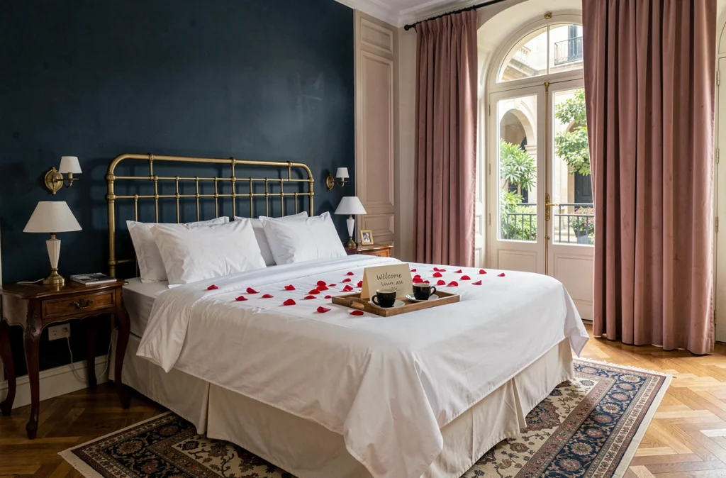 Suite romantique de lune de miel avec décoration élégante et pétales de roses sur le lit