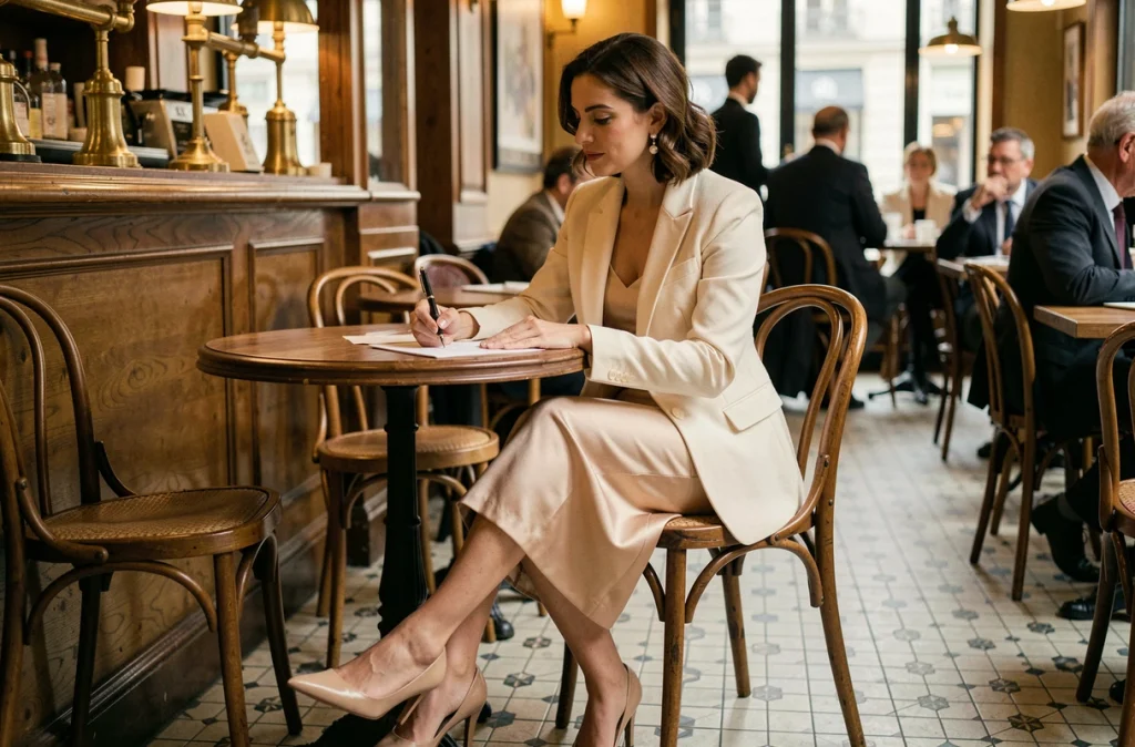 Femme en tenue chic de mariage civil signant des documents dans un café parisien élégant