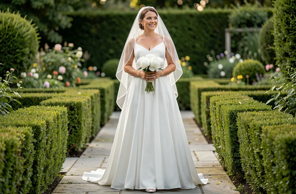 Mariée en tenue complète incluant robe en mousseline, voile cathédrale et chaussures à talons bas dans un jardin fleuri