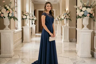 Femme élégante en robe longue bleu marine portant une pochette perlée lors d'un mariage, tenue de soirée invitée raffinée