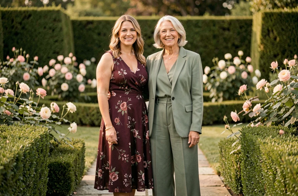 Deux femmes en tenue de soirée mariage invitée dans un jardin fleuri, robe florale bordeaux et combinaison verte élégante
