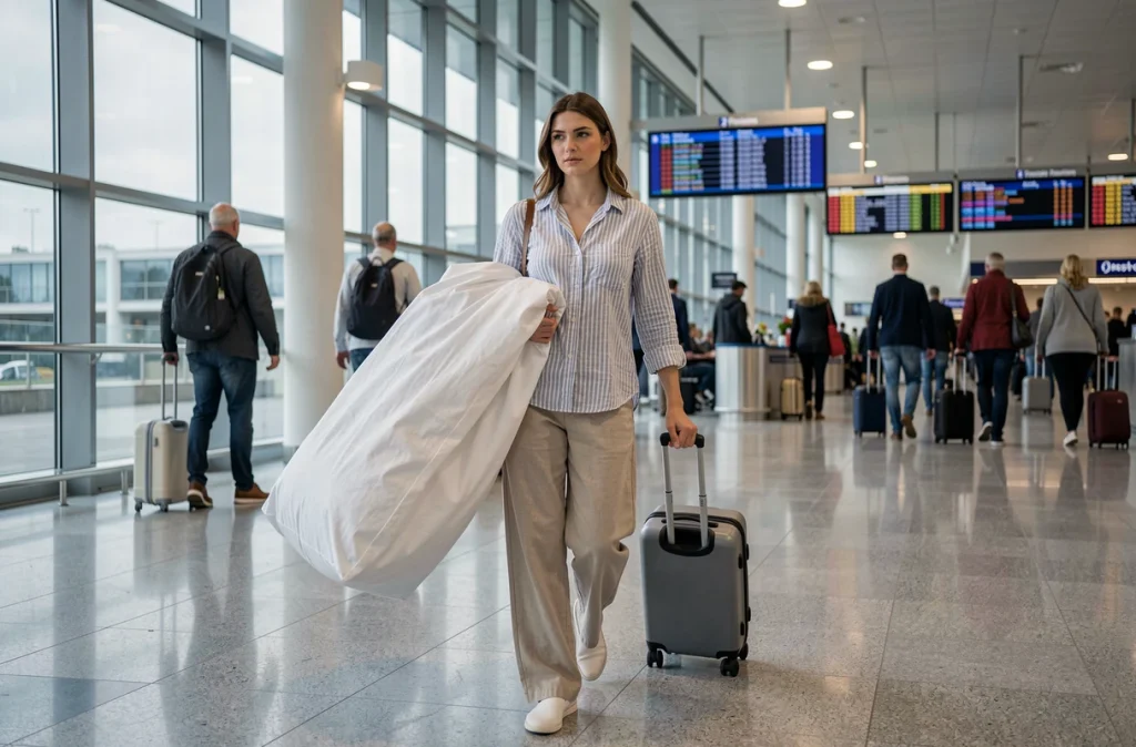 Jeune femme transportant sa robe de mariée dans un sac housse à travers un terminal d'aéroport animé