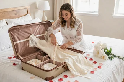 Mariée en robe de chambre blanche pliant sa robe de mariée dans une valise rigide sur un lit aux draps blancs