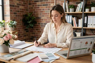 Wedding planner professionnelle analysant un contrat de forfait et des tableaux de tarification dans son bureau moderne