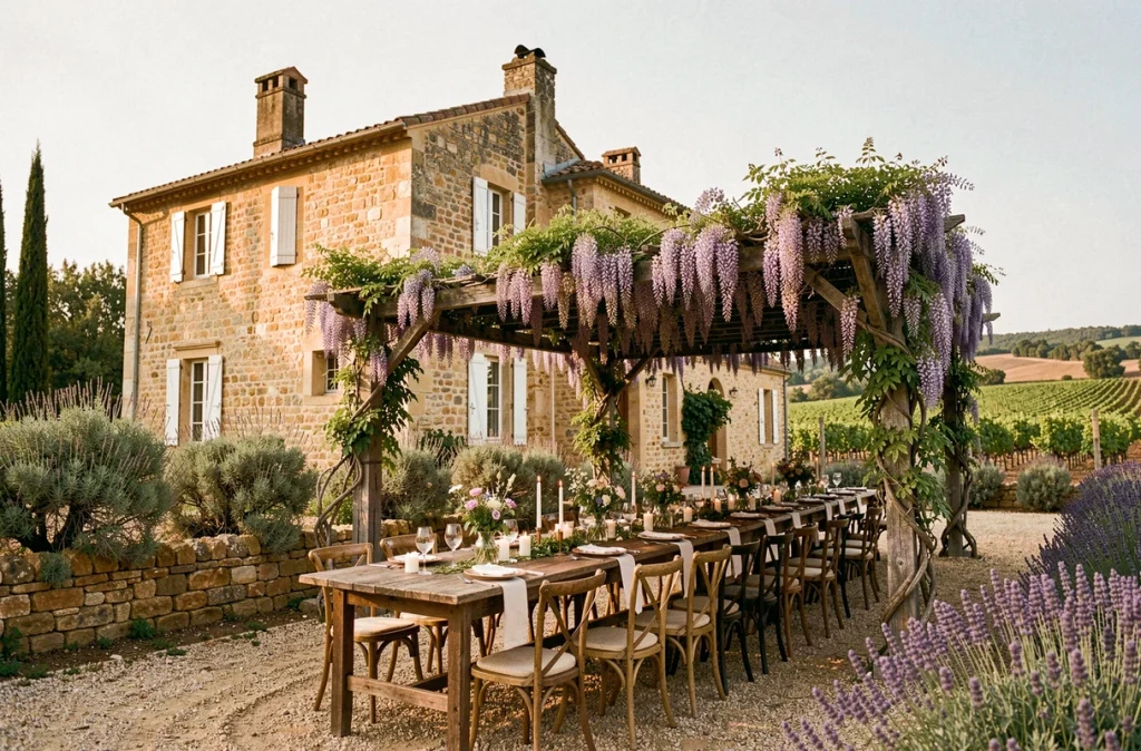Château de Fajac la Relenque dans l'Aude, manoir en pierre entouré de vignes avec pergola fleurie et tables dressées pour un mariage