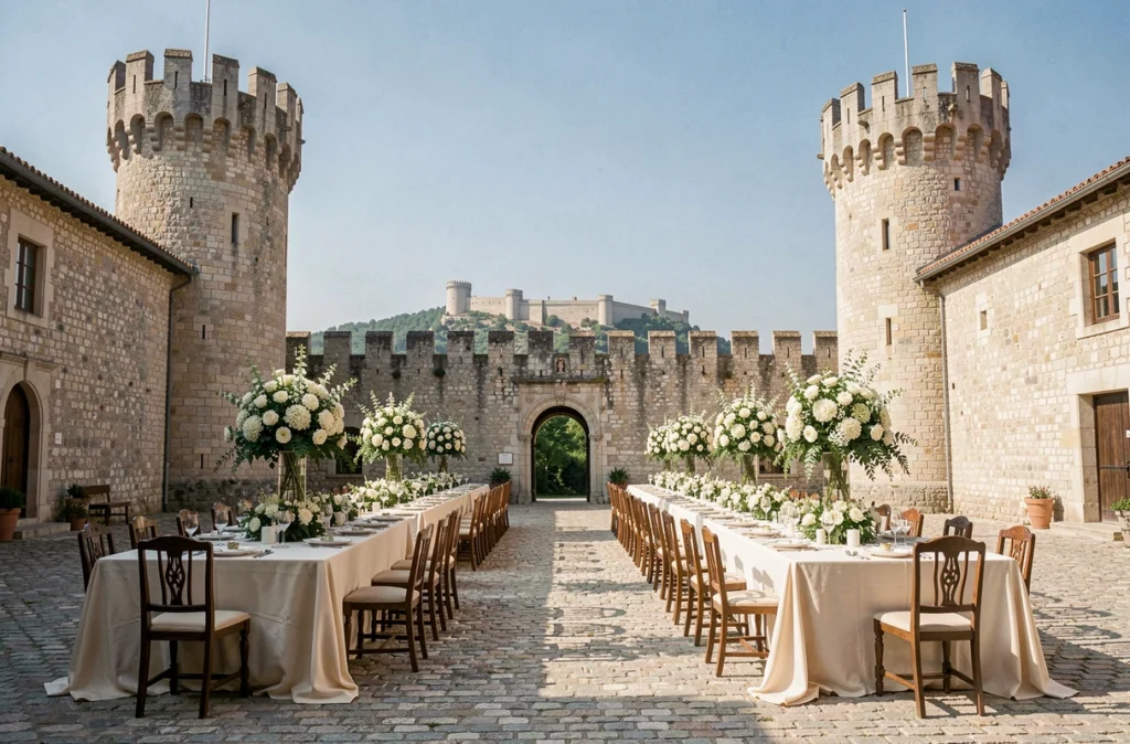 Château Guilhem près de Carcassonne, cour médiévale en pierres avec tables de mariage dressées et tours crénelées historiques