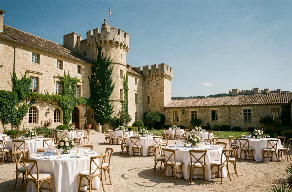 Château Guilhem près de Carcassonne, cour médiévale en pierre dressée pour une réception de mariage avec les remparts en arrière-plan