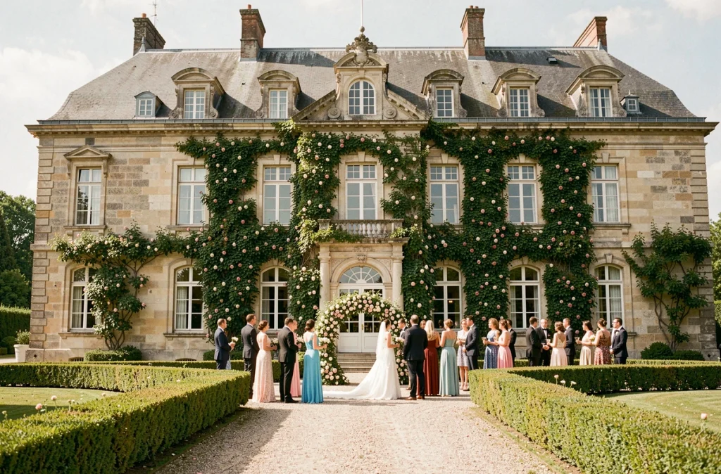 Château de Labastide Beauvoir en Haute-Garonne, façade en pierre avec jardins formels et allée de gravier pour un mariage