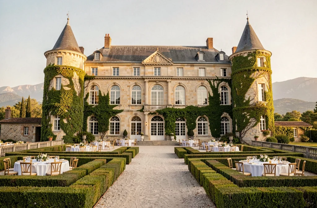 Château Nadal Hainaut près de Perpignan, façade historique en pierre avec jardin formel et tables de mariage dressées en blanc et or