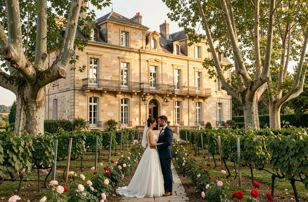Château Nadal Hainaut près de Perpignan, manoir en pierre du XIXe siècle avec allée de roses et couple de mariés