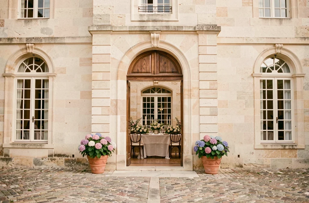 Château du Pont Bourguet dans le Tarn, manoir en pierre du XVIIIe siècle avec cour pavée et terrasse fleurie pour un mariage