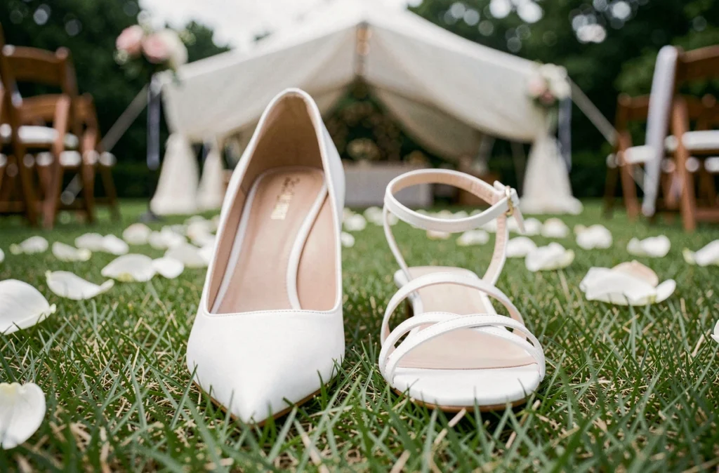 Comparaison de chaussures blanches de mariée sur pelouse verte lors d'un mariage en plein air