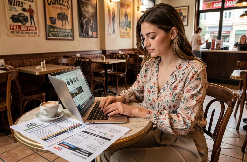 Jeune femme comparant les tarifs de photographes à Gennevilliers sur son ordinateur portable dans un café