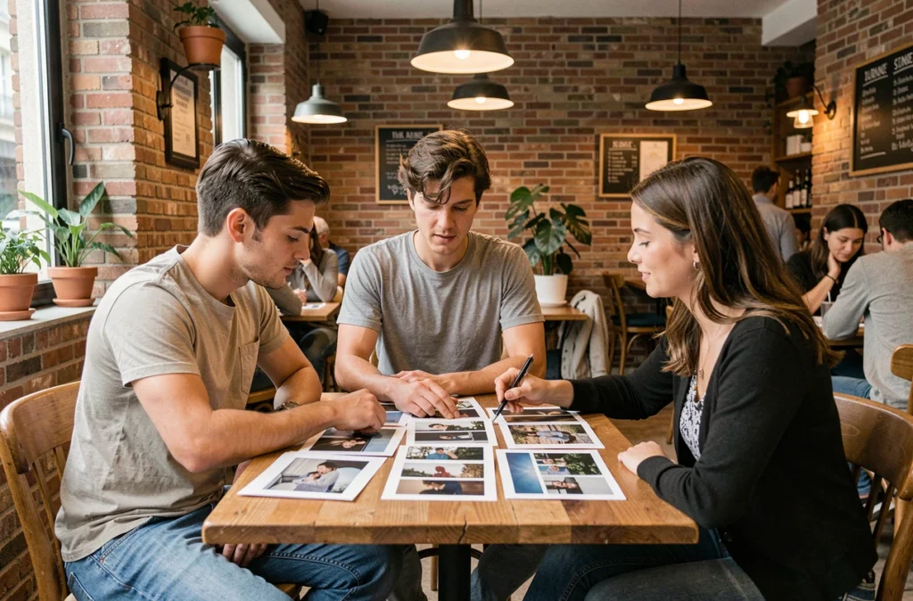 Un couple discutant avec une photographe professionnelle autour d'un portfolio dans un café près du campus de Talence