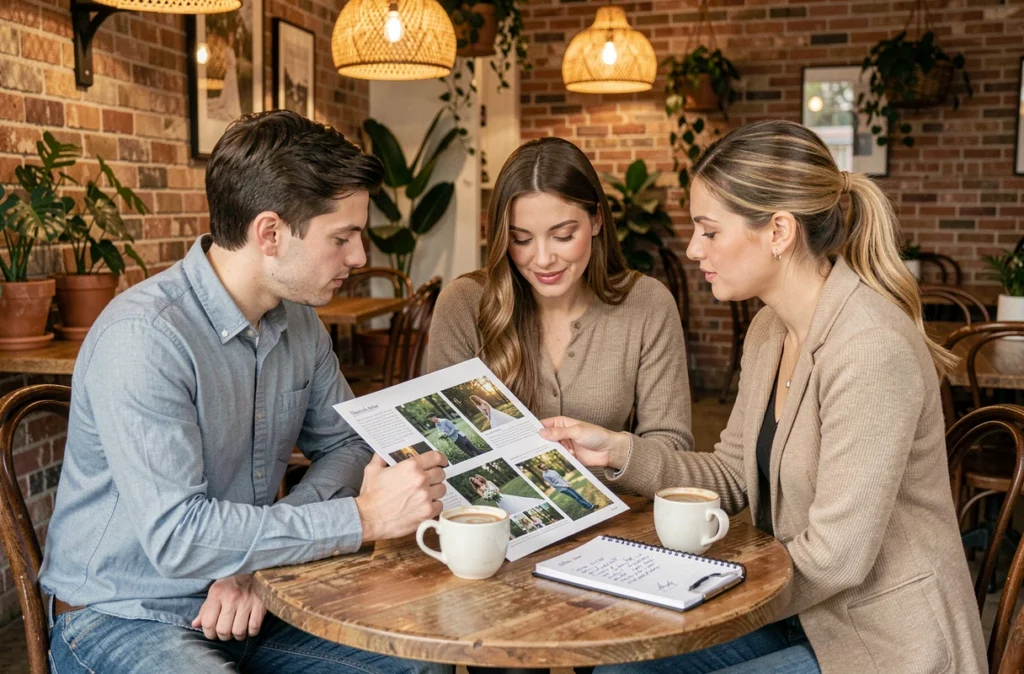 Consultation entre un couple et une photographe à Mimizan dans un café, choix du photographe professionnel pour un événement