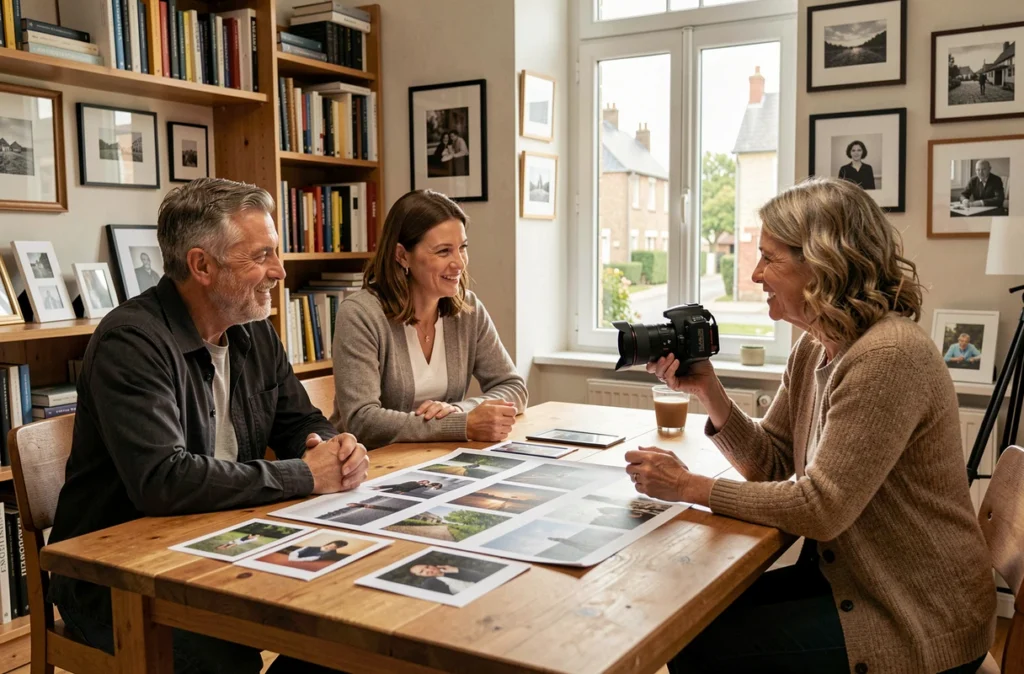 Couple discutant des tarifs avec une photographe dans une agence photo à Gennevilliers pour choisir la formule adaptée à leur budget