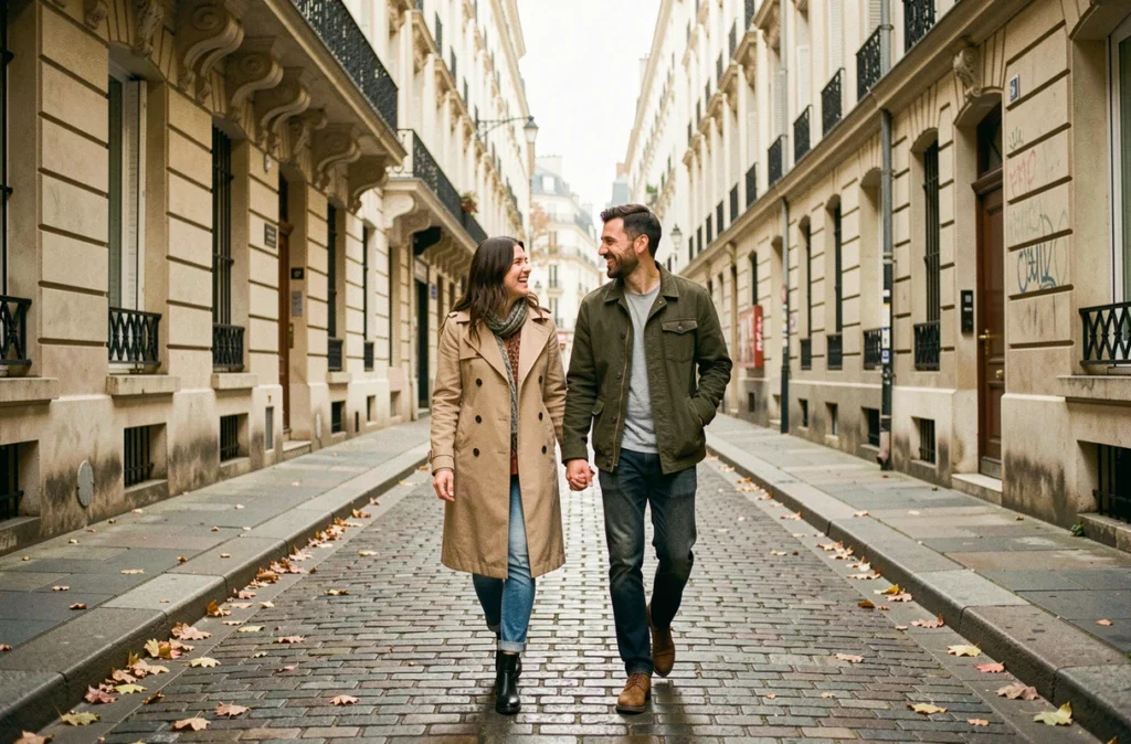 Couple se promenant et riant dans une rue pavée parisienne en automne, style éditorial candide
