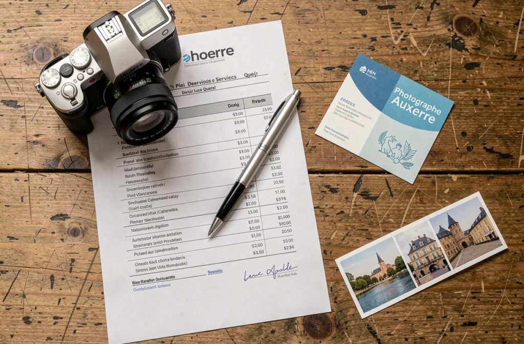 Flat-lay d'un devis de photographe à Auxerre avec appareil photo et carte de visite sur bureau en bois