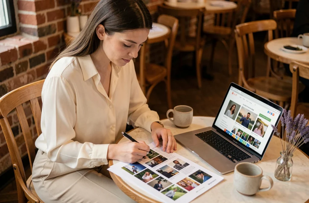 Jeune femme consultant un devis de photographe dans un café en Alsace