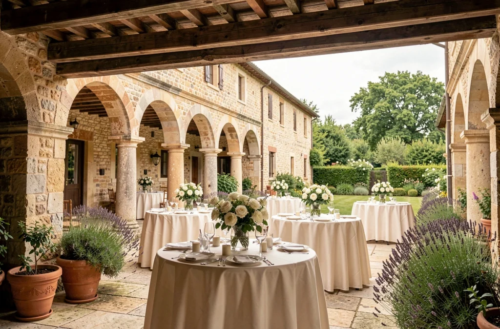 Domaine de Camboyer près de Toulouse, cour en pierre avec décoration florale blanche et colonnade pour réception de mariage
