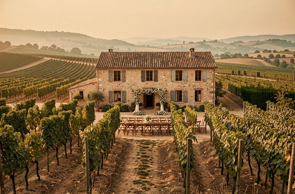 Domaine de l'Ale dans l'Hérault, mas en pierre entouré de vignes avec installation de cérémonie de mariage en plein air