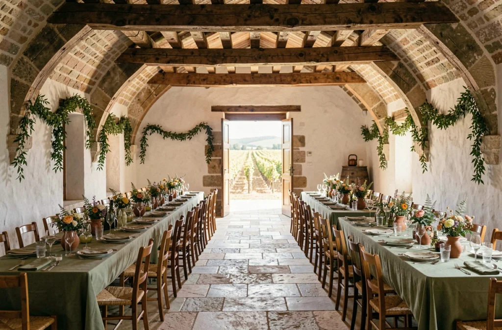 Domaine de l'Ale près de Béziers dans l'Hérault, salle de réception voûtée en pierre avec poutres apparentes et vue sur vignes