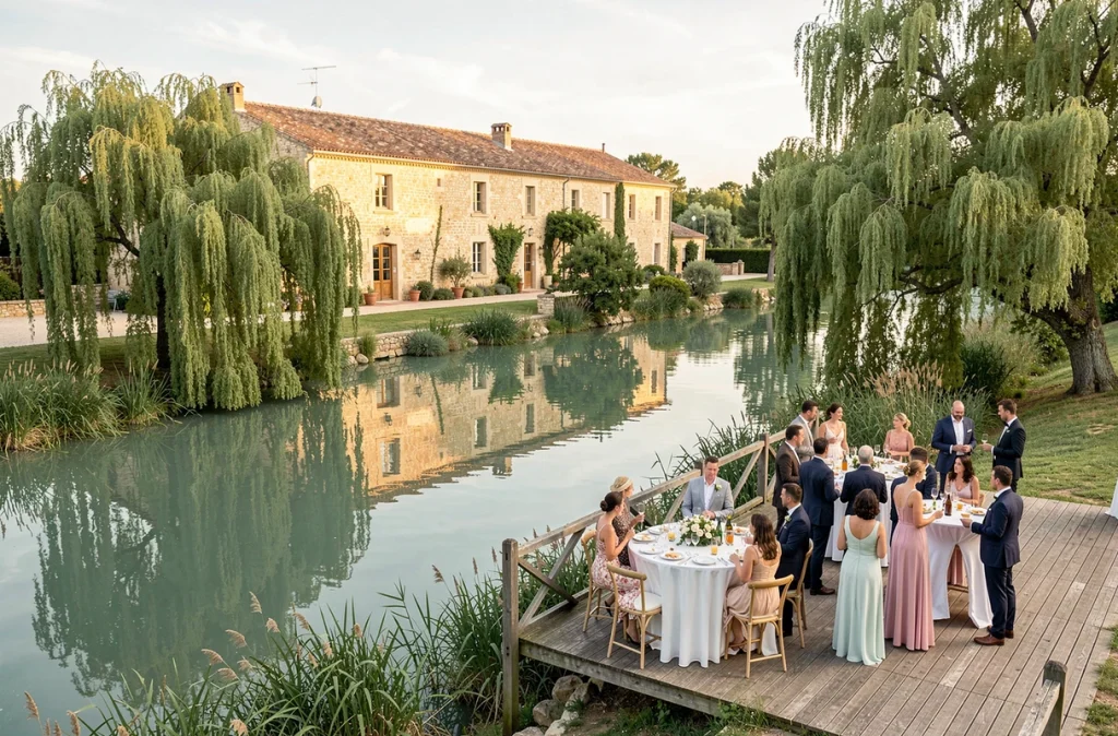 Domaine des Rives près de Montpellier, mas en pierre au bord de l'eau avec terrasse en bois et cocktail de mariage en plein air