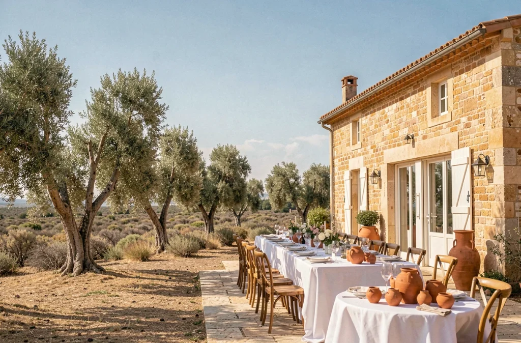 Domaine Le Grand Belly près de Nîmes, mas provençal en pierre avec terrasse ombragée et décoration de mariage rustique