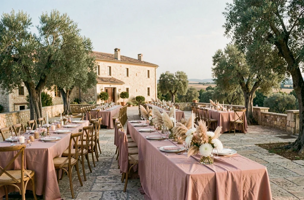 Domaine Le Grand Belly près de Nîmes, terrasse en pierre avec tables de banquet décorées pour un mariage en plein air